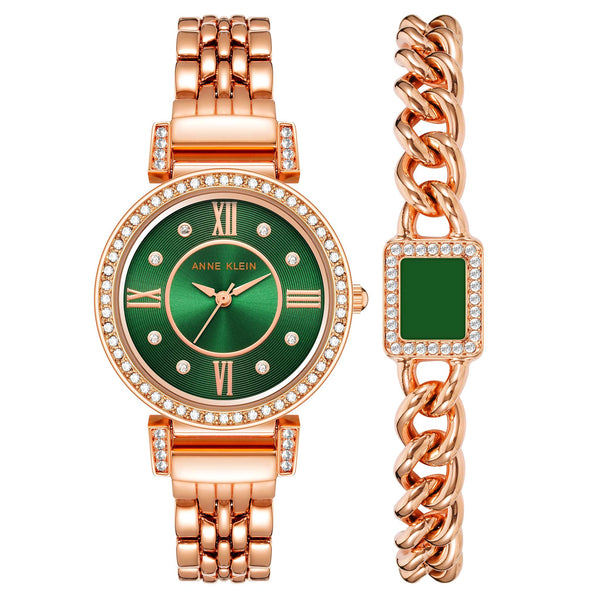 Anne Klein Rose Gold Band Green Dial Women's Watch & Bracelet Set - AK2928GNST