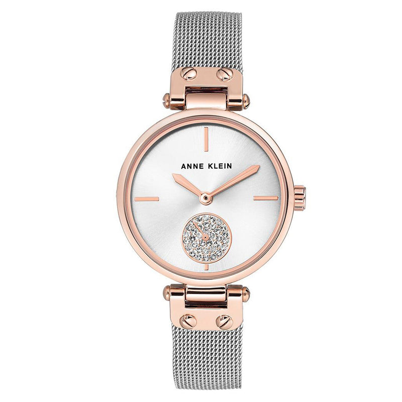 Anne Klein Swarovski Rose Gold Mesh Silver White Dial Women's Watch - AK3001SVRT