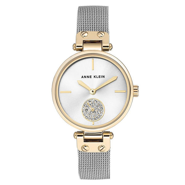 Anne Klein Swarovski Crystal Gold Stainless Steel Mesh Silvery White Dial Women's Watch - AK3001SVTT