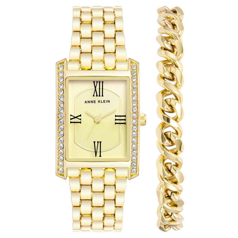 Anne Klein Gold Band Light Champagne Dial Women's Watch with Bracelet Gift Set- AK3990GBST