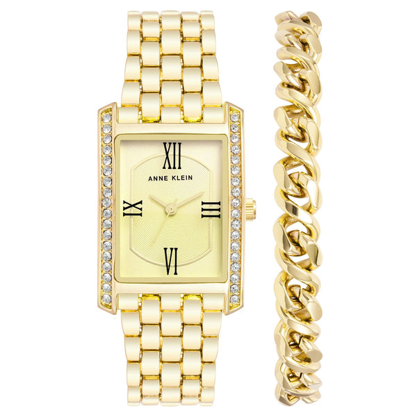 Anne Klein Gold Band Light Champagne Dial Women's Watch with Bracelet Gift Set- AK3990GBST