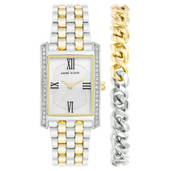 Anne Klein Two-Tone Band Silver Dial Women's Watch with Bracelet Gift Set - AK3991TTST