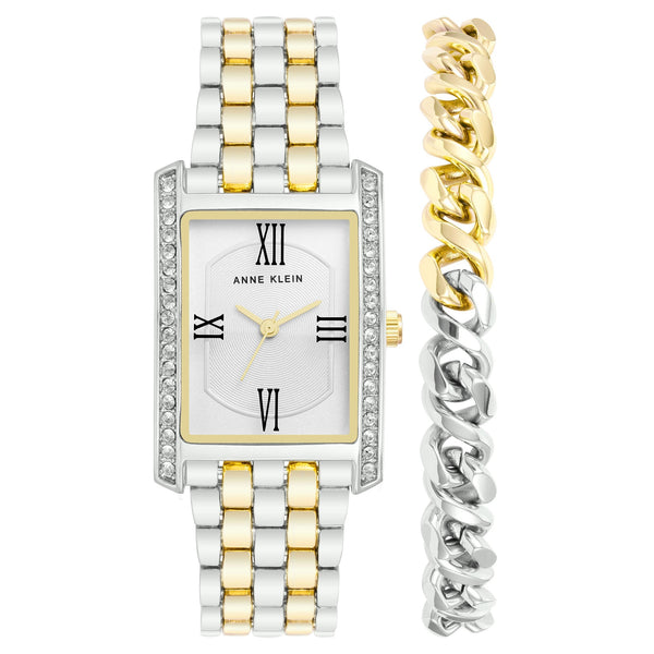 Anne Klein Two-Tone Band Silver Dial Women's Watch with Bracelet Gift Set - AK3991TTST