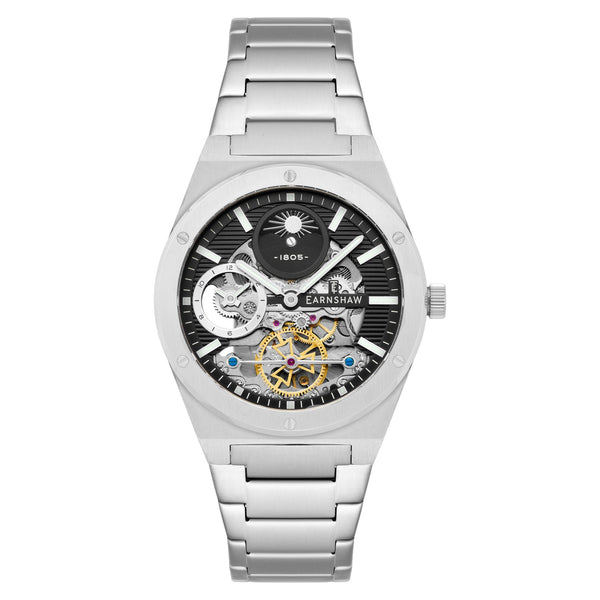 Earnshaw Silver Steel Black Dial Multi-function Men's Automatic Watch - ES-8291-11