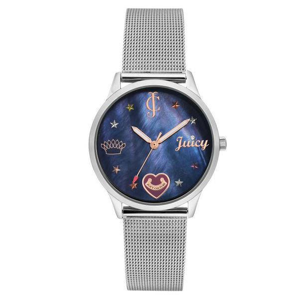 Juicy Couture Silver Mesh Navy MOP Dial Women's Watch - JC1025BMSV