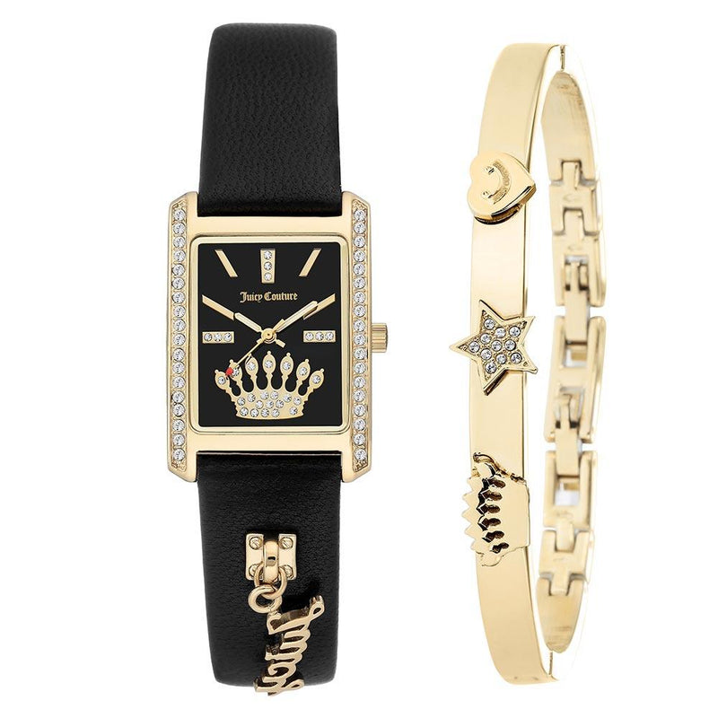 Juicy Couture Black Leather & Bangle Set Women's Watch - JC1030GPST