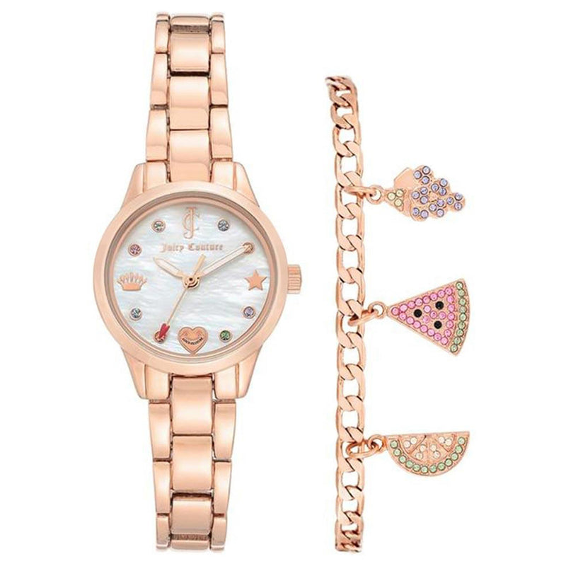 Juicy Couture Rose Gold Steel White Mother of Pearl Dial Women's Watch & Bracelet with Charms Set  - JC1236RGST