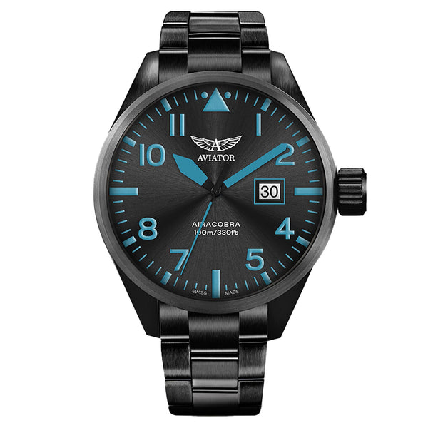 Aviator Black Steel Swiss Made Men's Watch - V12251885