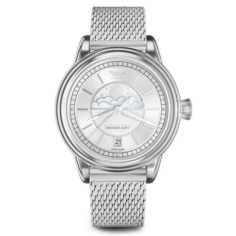 Aviator White Milanese Stainless Steel Mesh Swiss Made Women's Watch - V13302505