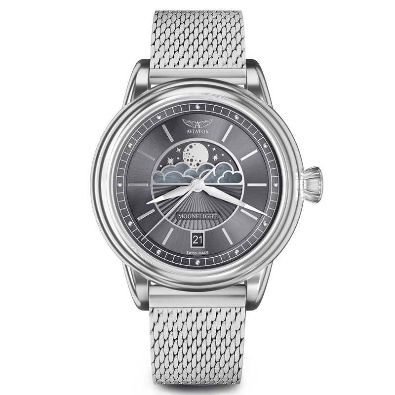 Aviator Grey Milanese Stainless Steel Mesh Swiss Made Women's Watch - V13302545