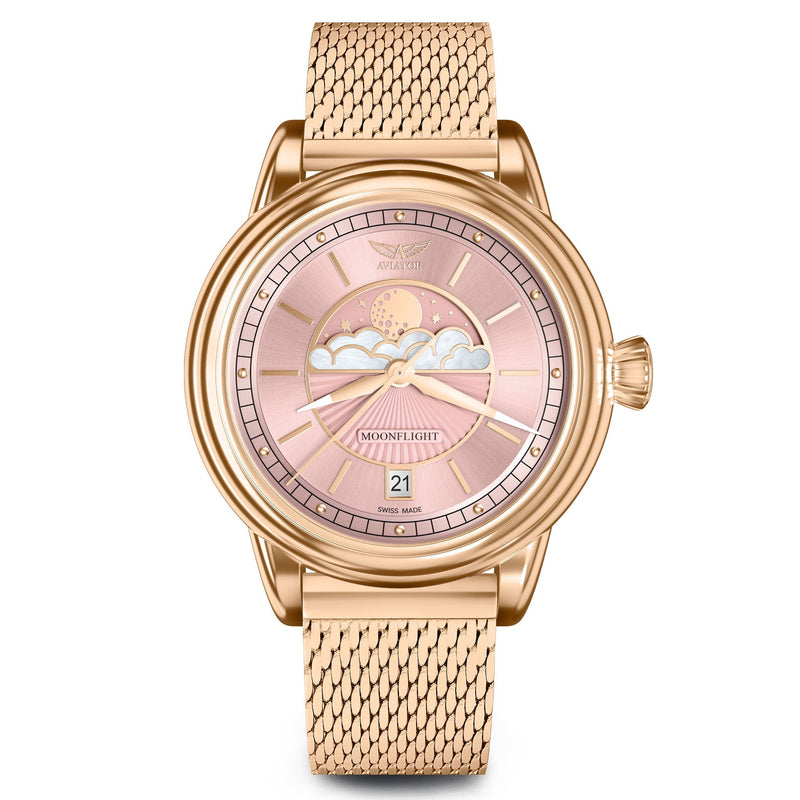 Aviator Pink Milanese Stainless Steel Mesh Swiss Made Women's Watch - V13322585