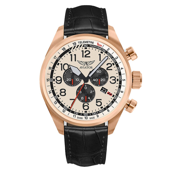 Aviator Black Leather Ivory Dial Chronograph Swiss Made  Men's Watch - V22521734