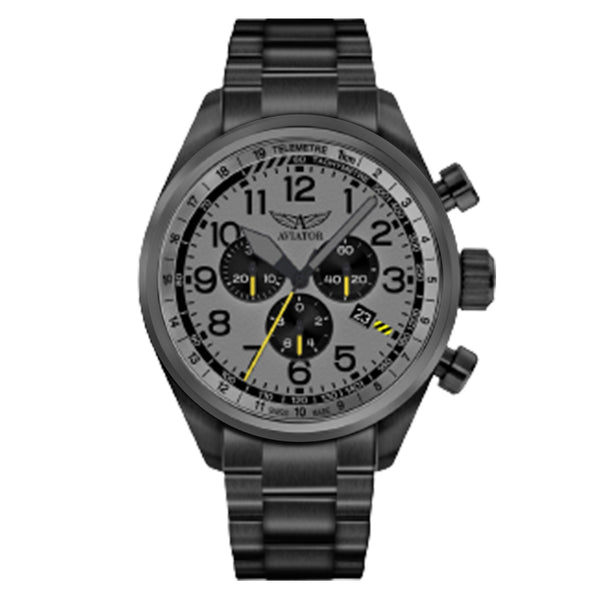 Aviator Black Steel Grey Dial Chronograph Swiss Made Men's Watch - V22551745