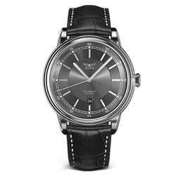 Aviator Black Leather Grey Dial Men's Automatic Swiss Made Watch - V33202404