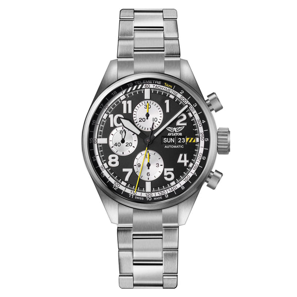 Aviator Silver Steel Black Dial Chronograph Men's Swiss Made Watch - V42601755