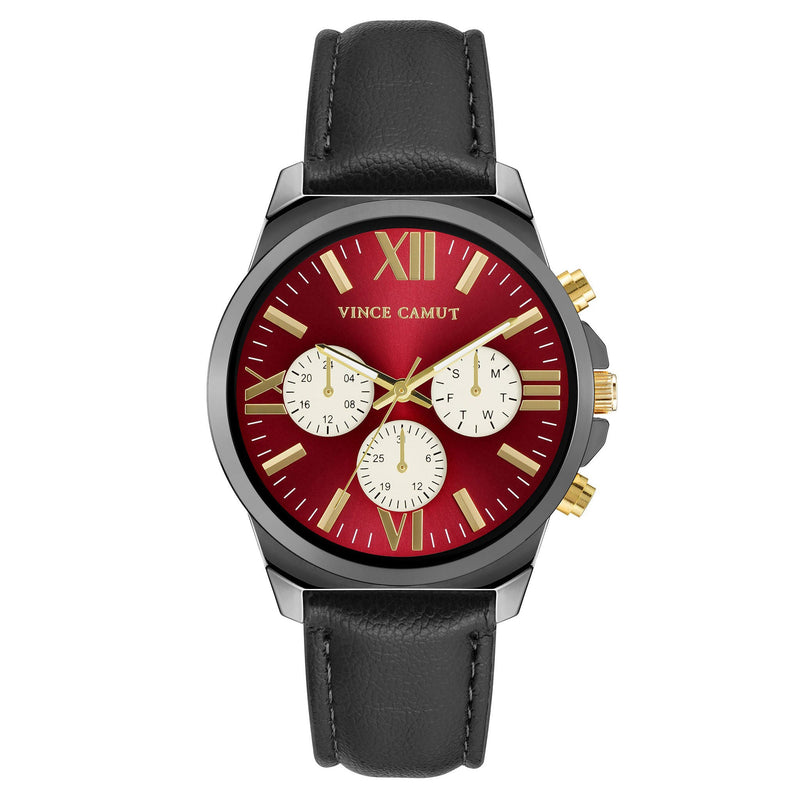 Vince Camuto Black Leather Burgundy Dial Multi-Function Men's Watch - VC8034GNBYBK